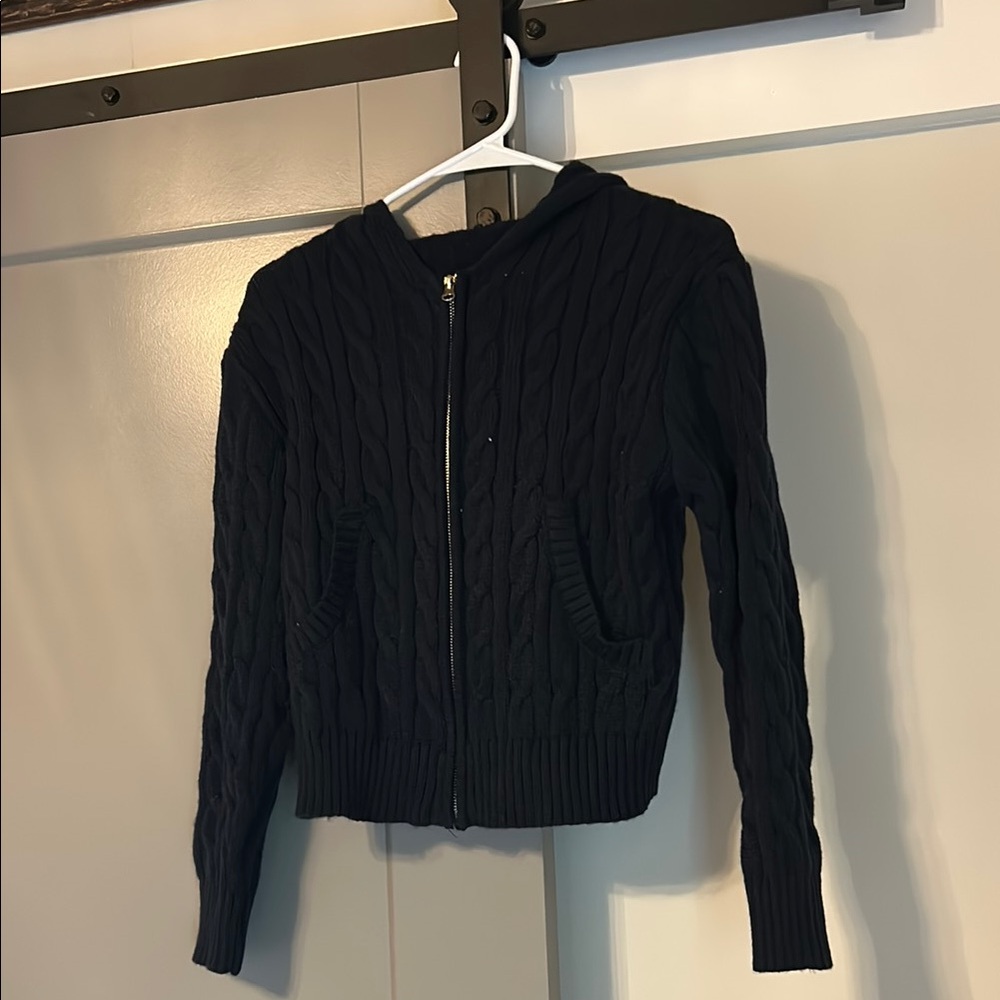 Black Cable Knit Zip-Up Sweater